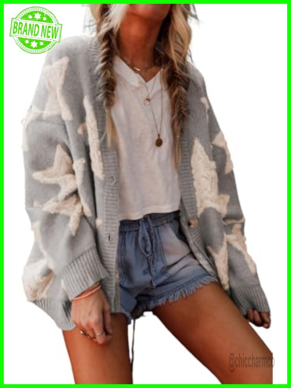 Star Sherpa Knit Cardigan Open Front Tunic Loose Fit